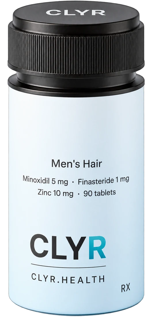 CLYR Men’s Hair bottle: minoxidil 5 mg, finasteride 1 mg, zinc 10 mg, 90 tablets