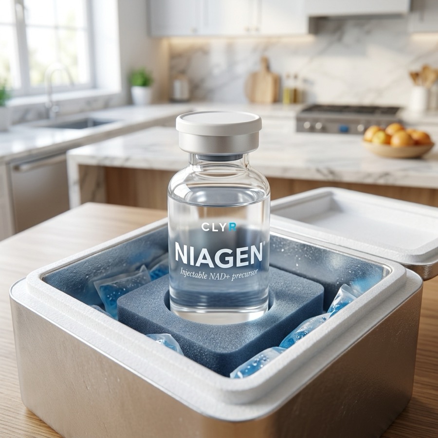 CLYR Niagen vial shipped cold in an insulated box with gel ice packs