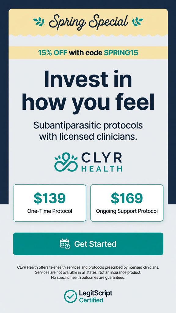 CLYR Health spring special ivermectin protocol 15 percent off antiparasitic care