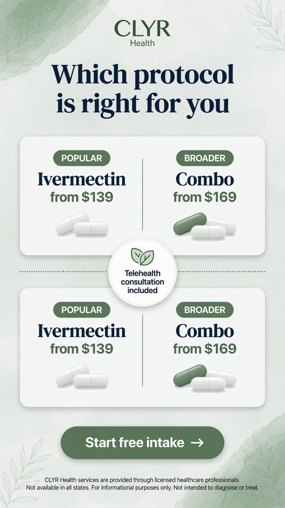 Compare ivermectin protocol vs combo protocol CLYR Health telehealth